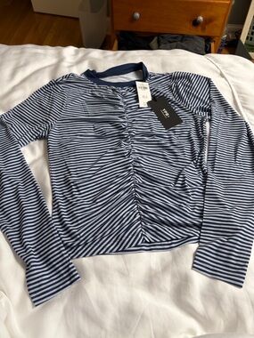 Abercrombie & Fitch Navy and White Striped Ruched Long-Sleeve Top